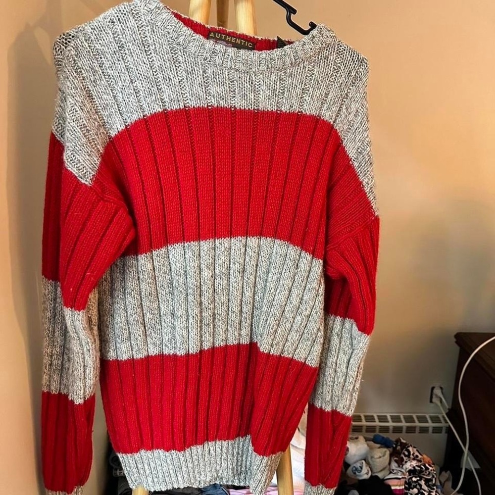 Red and Grey Striped Wool Sweater